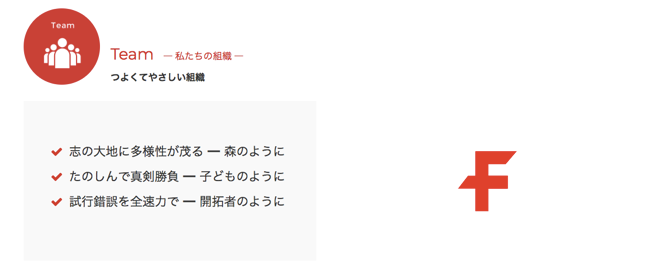 「Team 私たちの組織」「つよくてやさしい組織」とトップに書いてあり、その下に「志の大地に多様性がしげる－森のように」「たのしんで真剣勝負－子どものように」「試行錯誤を全速力で－開拓者のように」と並んでいる