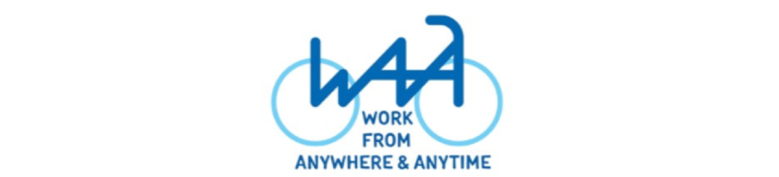 水色の円を青い「WAA」の文字が繋いだ自転車のようなロゴ